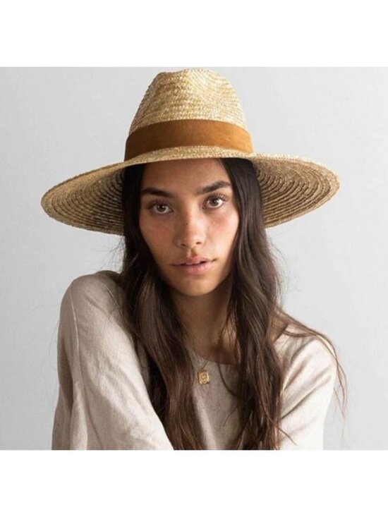 Gigi Pip Isla Wide Brim Wheat Straw Fedora Sun Hat Camel Suede Band One Size main image 4